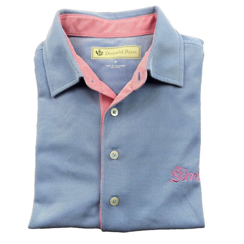 Donald Ross Polo Shirt Golf 1/4 Button Men's M Blue/Pink St Ives Logo